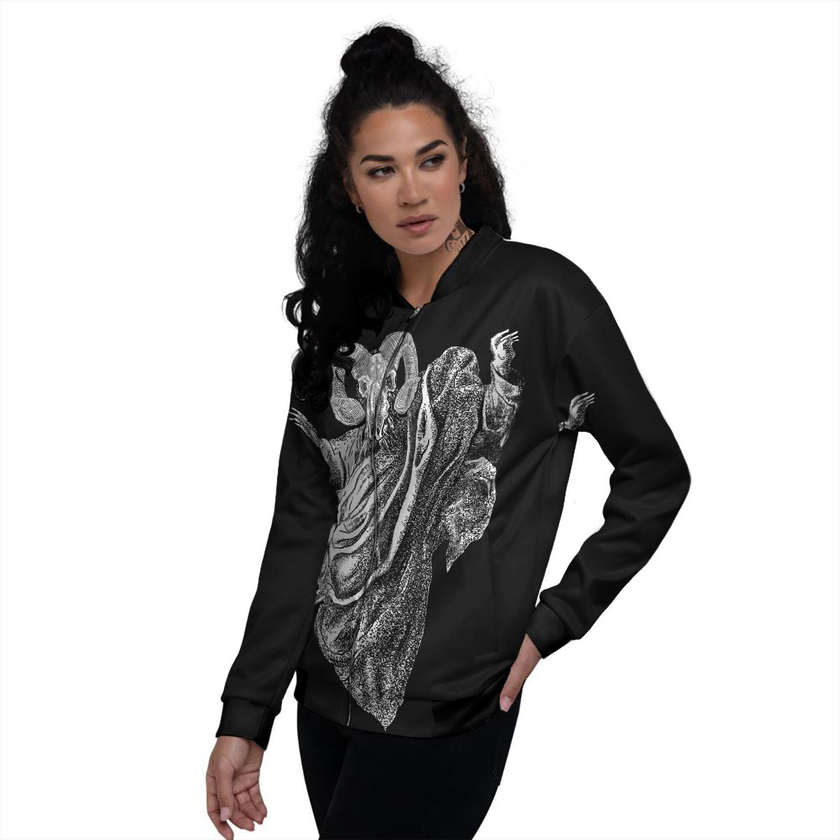 Black And White Demon Goat Print Women's Bomber Jacket-grizzshop