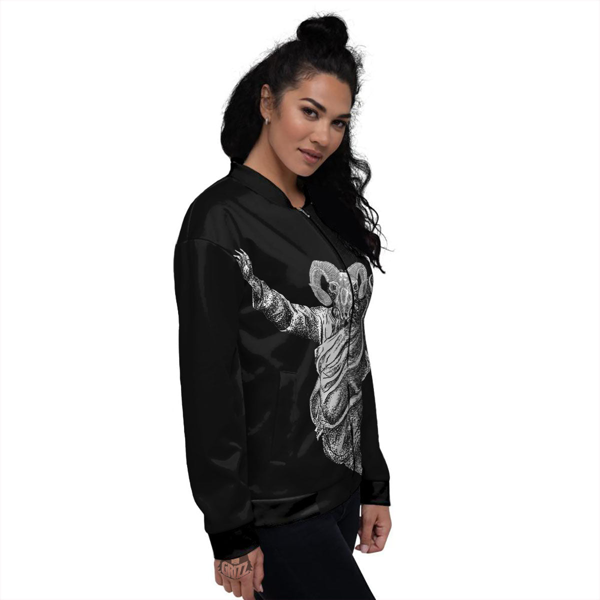 Black And White Demon Goat Print Women's Bomber Jacket-grizzshop