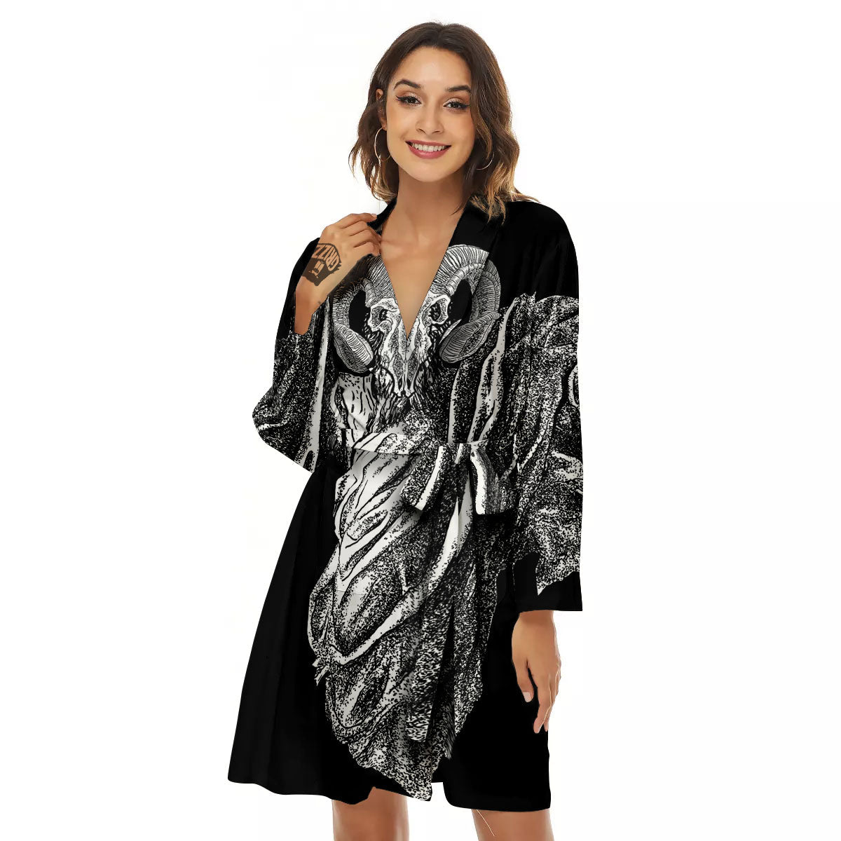 Black And White Demon Goat Print Women's Robe-grizzshop