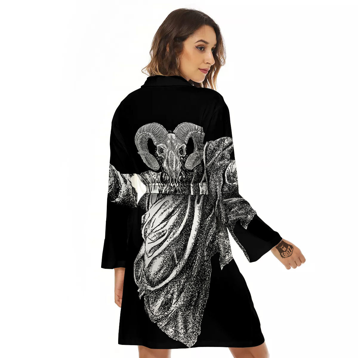 Black And White Demon Goat Print Women's Robe-grizzshop
