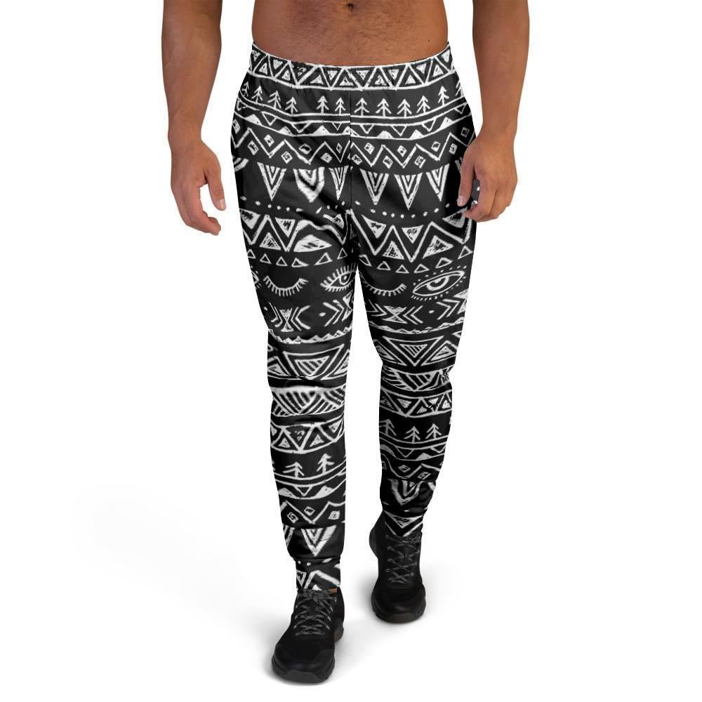 Black And White Doodle Tribal Aztec Print Men's Joggers-grizzshop