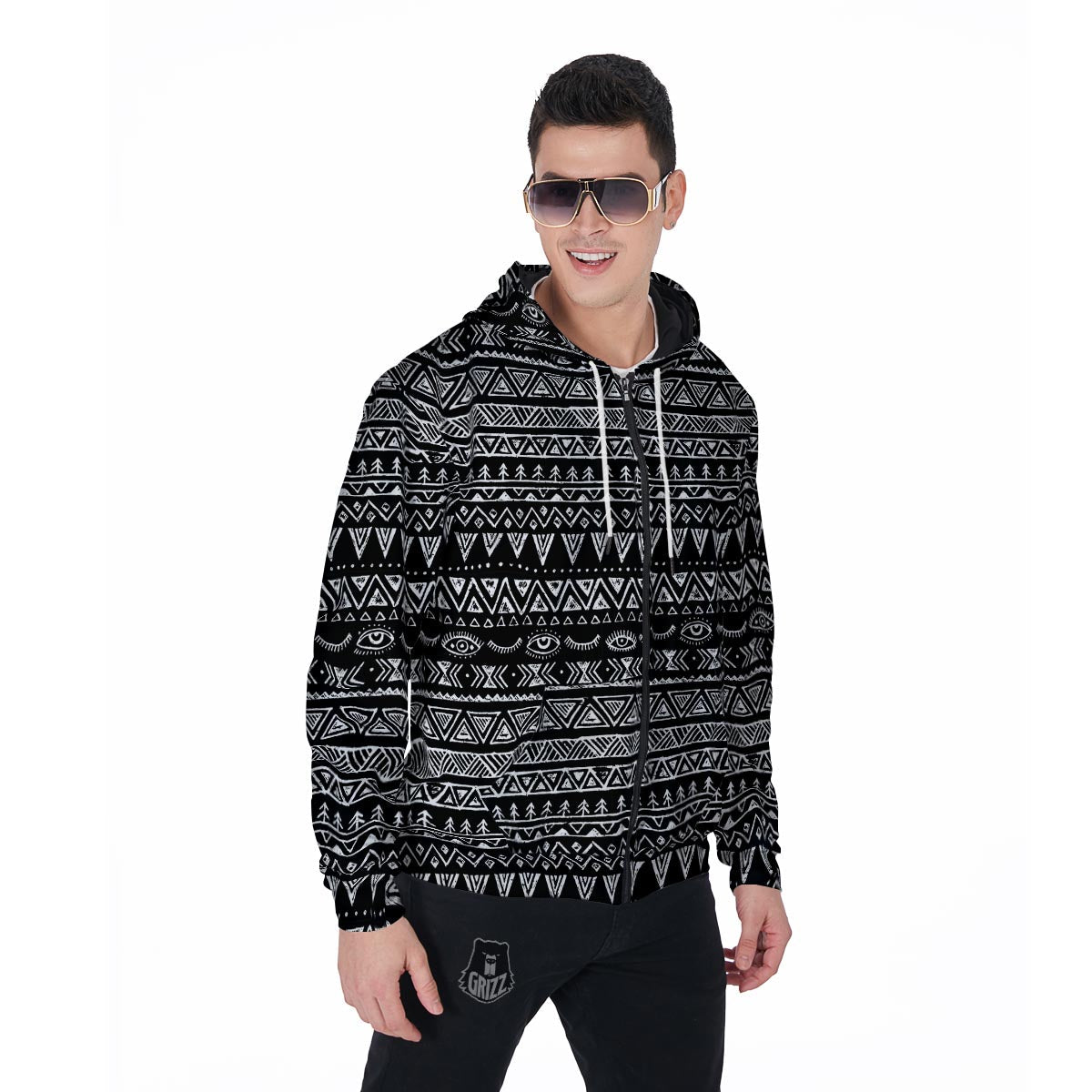 Black And White Doodle Tribal Aztec Print Men's Zip Up Hoodie-grizzshop