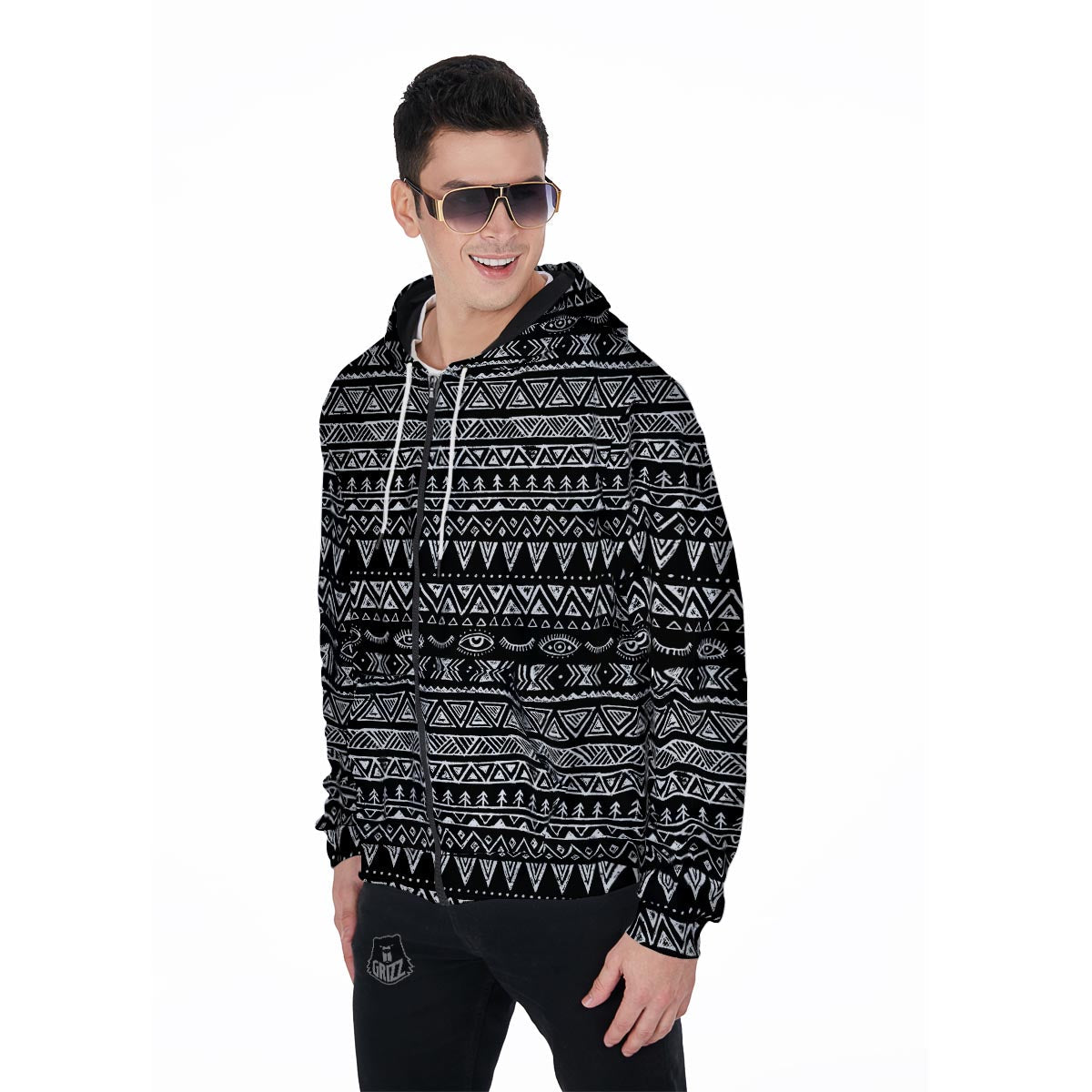 Black And White Doodle Tribal Aztec Print Men's Zip Up Hoodie-grizzshop