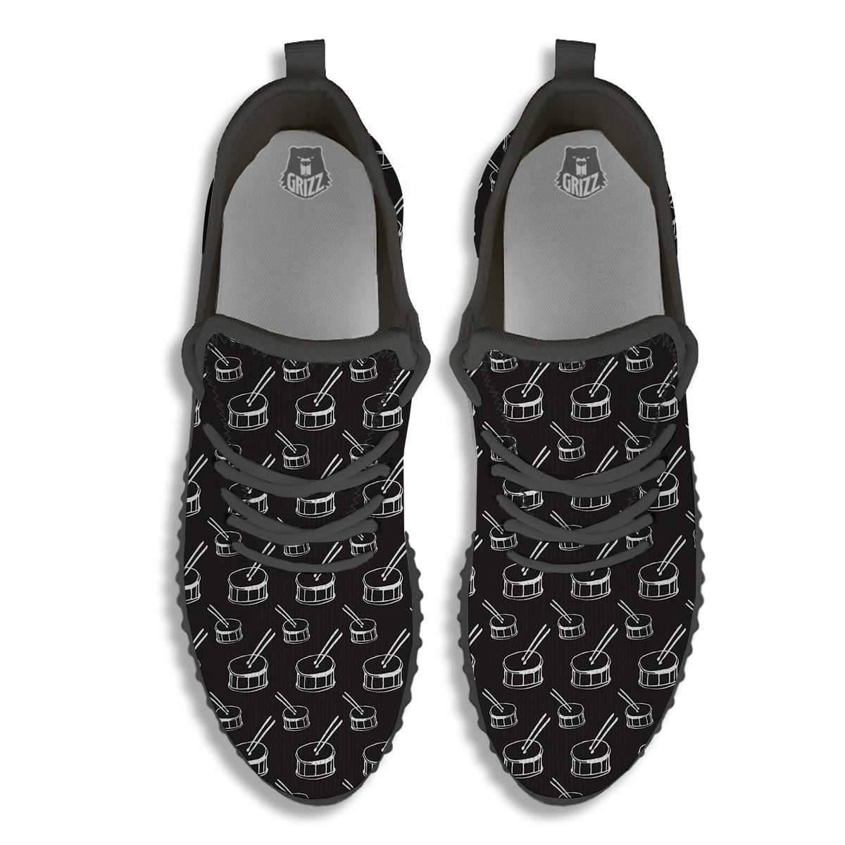 Black And White Drum Print Pattern Black Walking Shoes-grizzshop