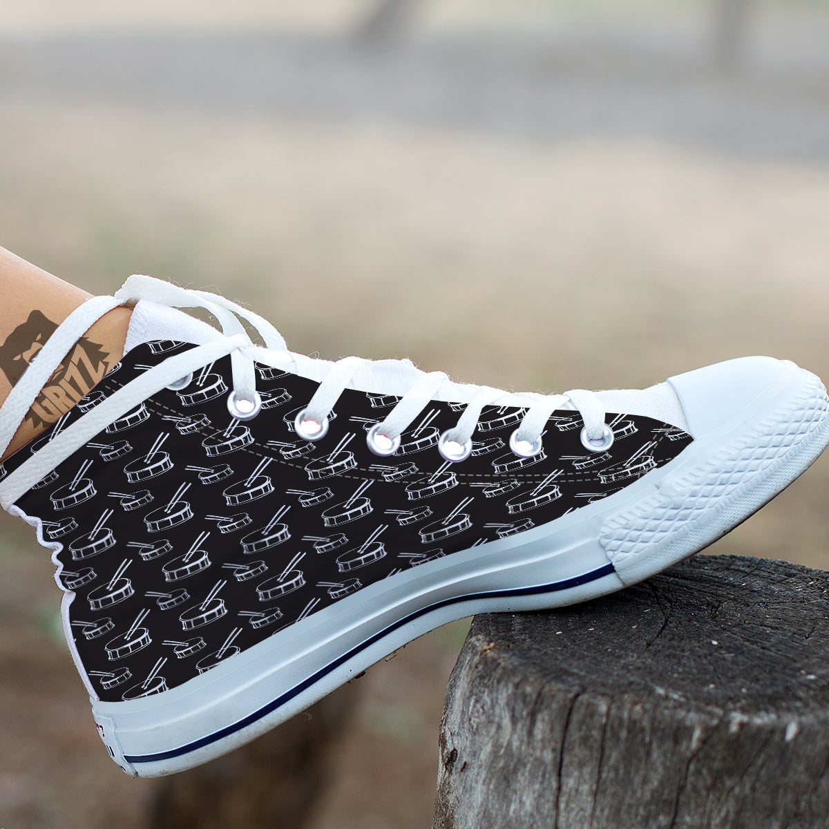 Black And White Drum Print Pattern White High Top Shoes-grizzshop