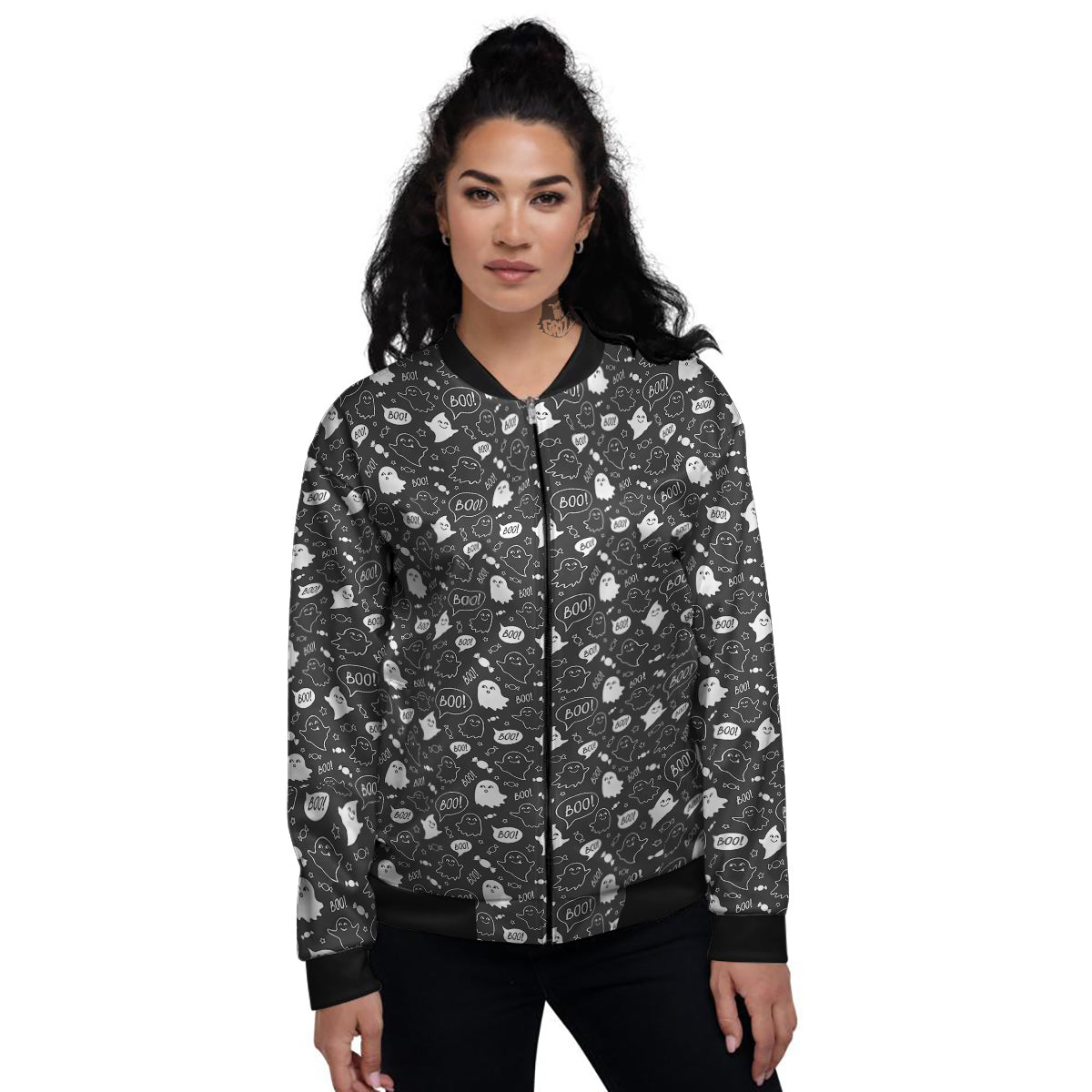 Black And White Ghost Boo Print Pattern Women's Bomber Jacket-grizzshop