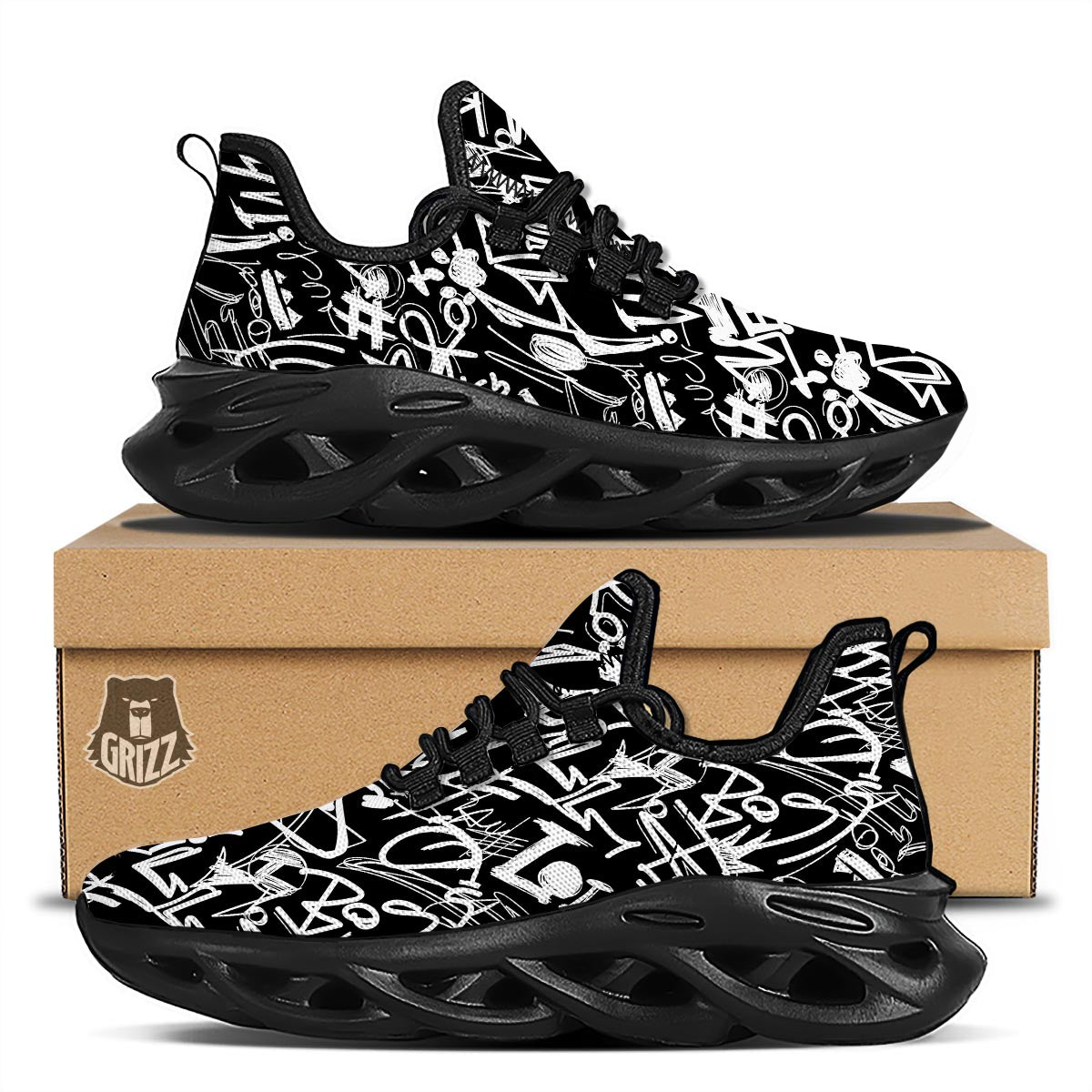 Black And White Graffiti Doodle Text Print Black Running Shoes-grizzshop