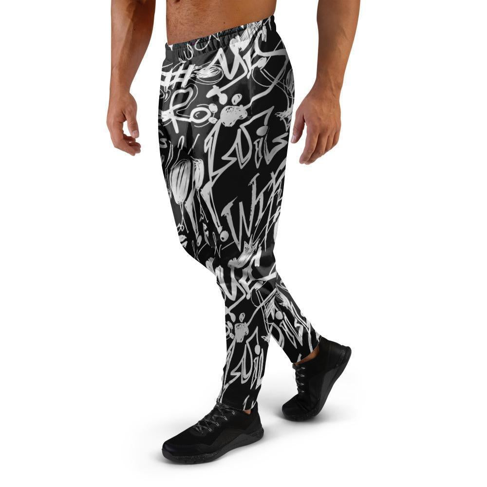 Black And White Graffiti Doodle Text Print Men's Joggers-grizzshop