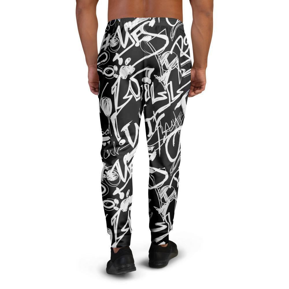 Black And White Graffiti Doodle Text Print Men's Joggers-grizzshop