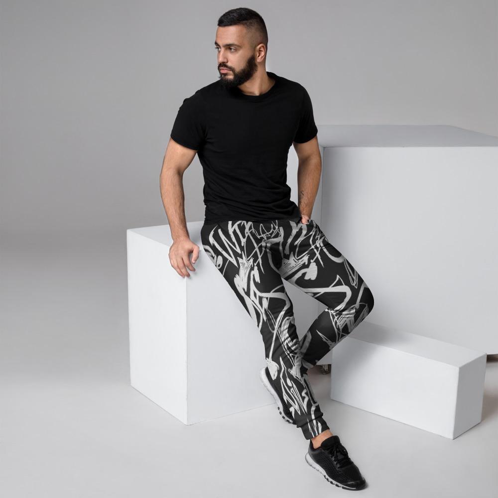 Black And White Graffiti Doodle Text Print Men's Joggers-grizzshop