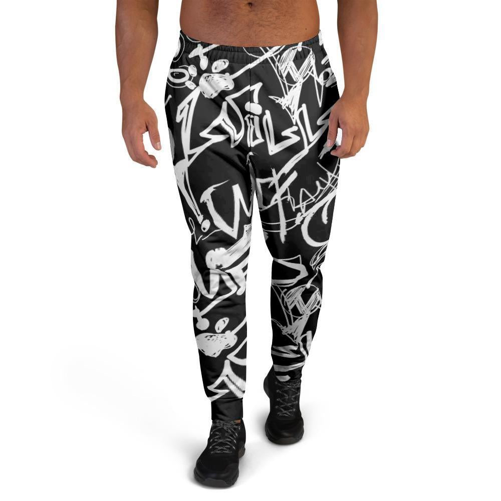 Black And White Graffiti Doodle Text Print Men's Joggers-grizzshop