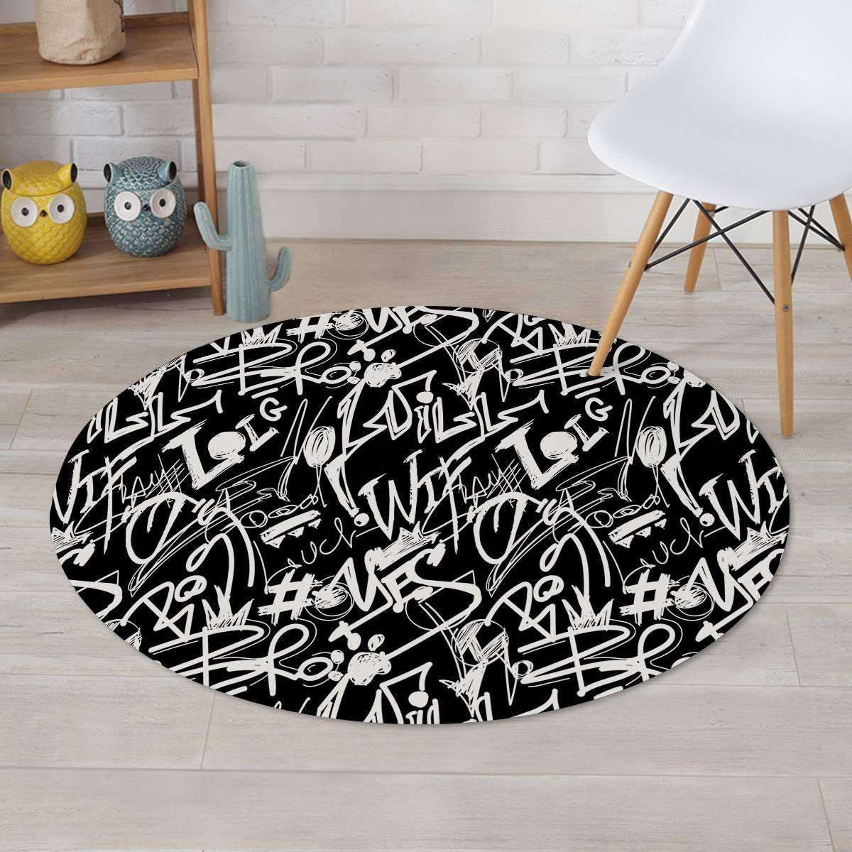 Black And White Graffiti Doodle Text Print Round Rug-grizzshop