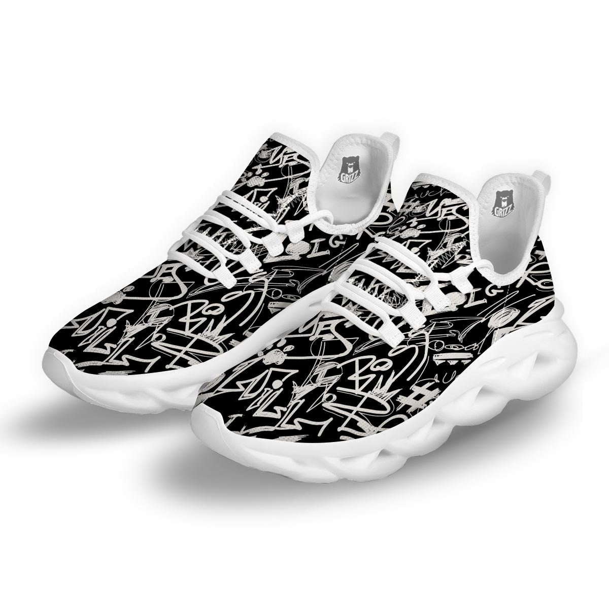 Black And White Graffiti Doodle Text Print White Running Shoes-grizzshop