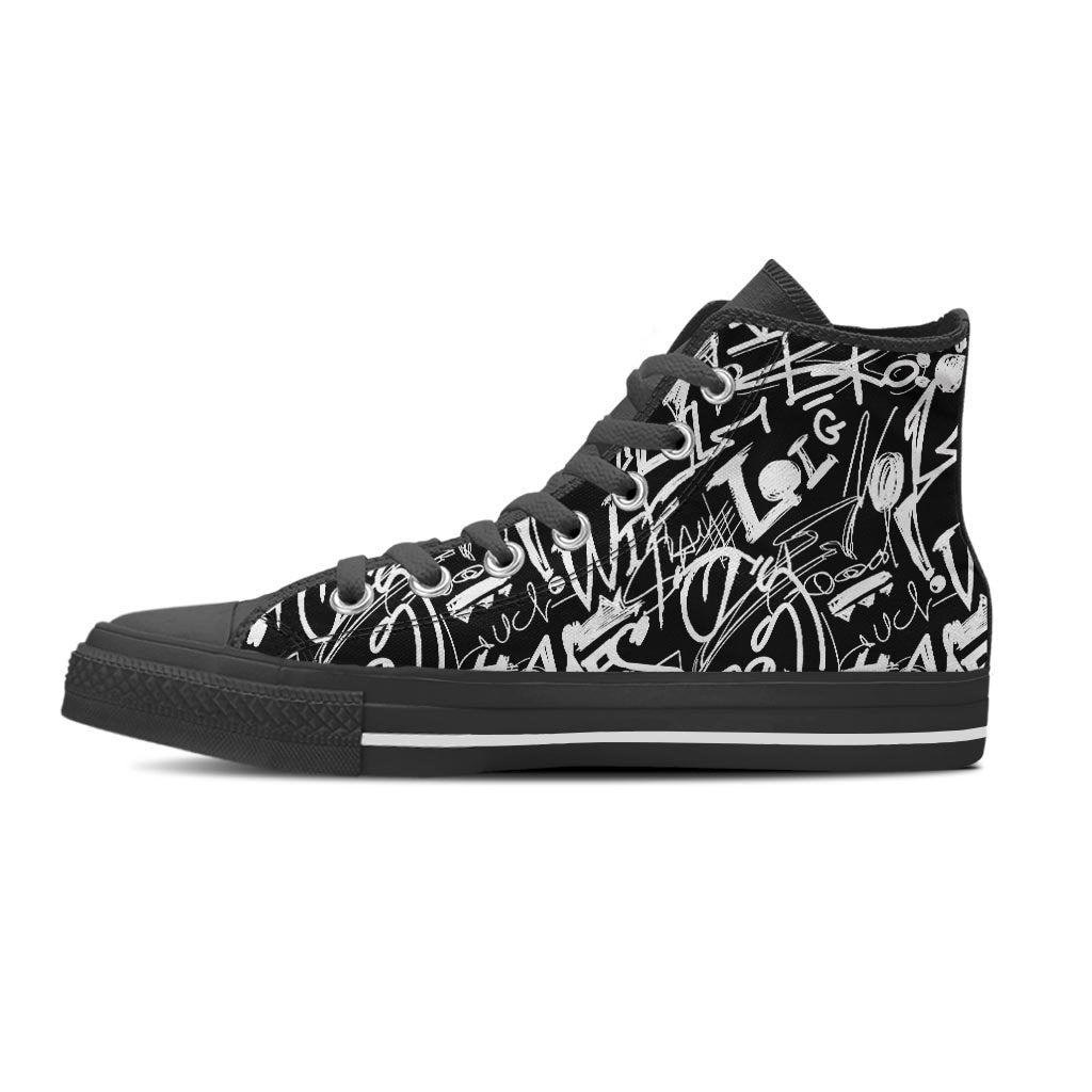 Black And White Graffiti Doodle Text Print Women's High Top Shoes-grizzshop
