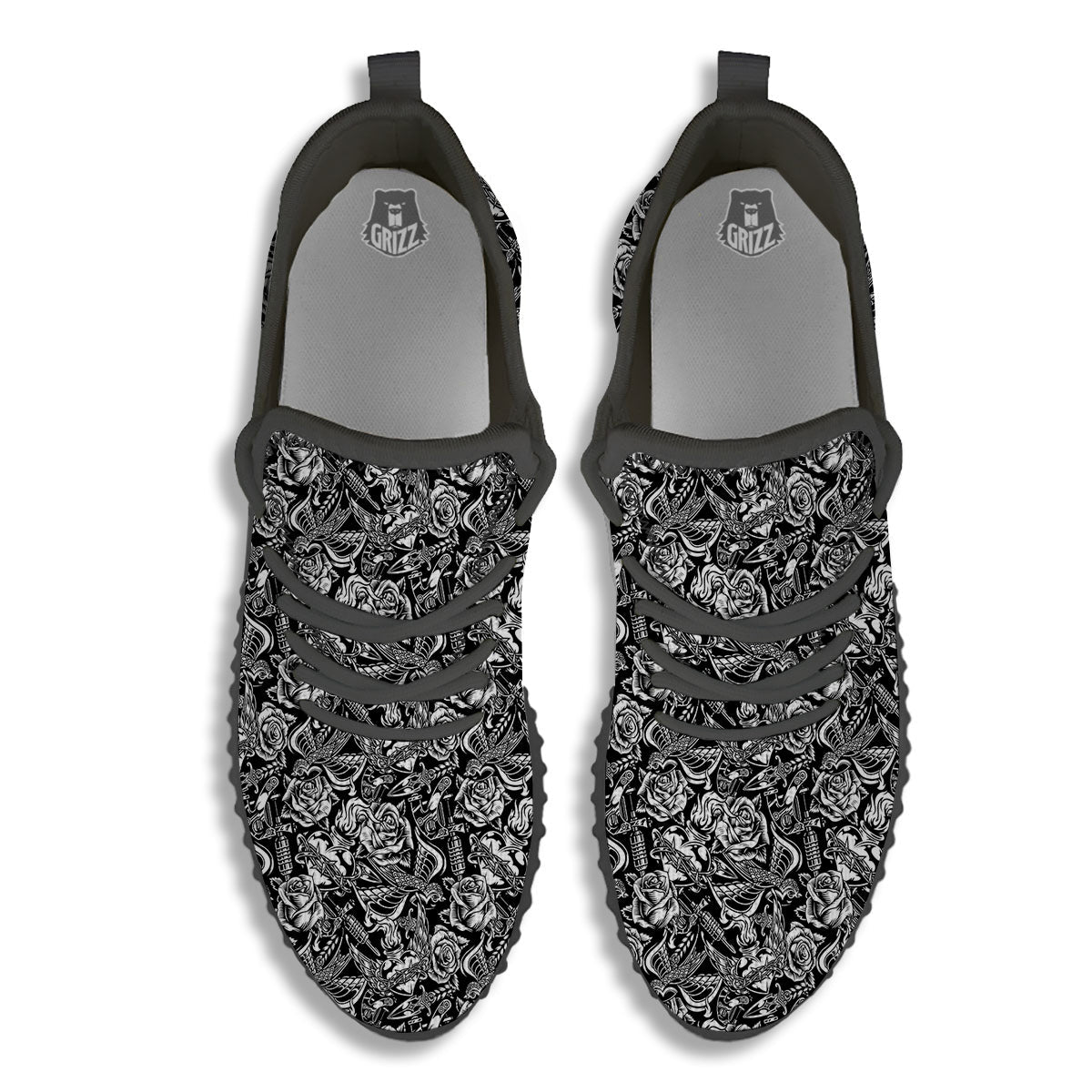 Black And White Oldschool Tattoo Print Pattern Black Walking Shoes-grizzshop