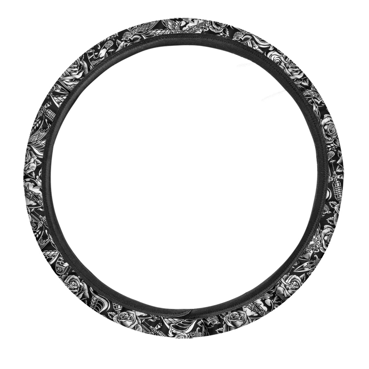 Black And White Oldschool Tattoo Print Pattern Car Steering Wheel Cover-grizzshop