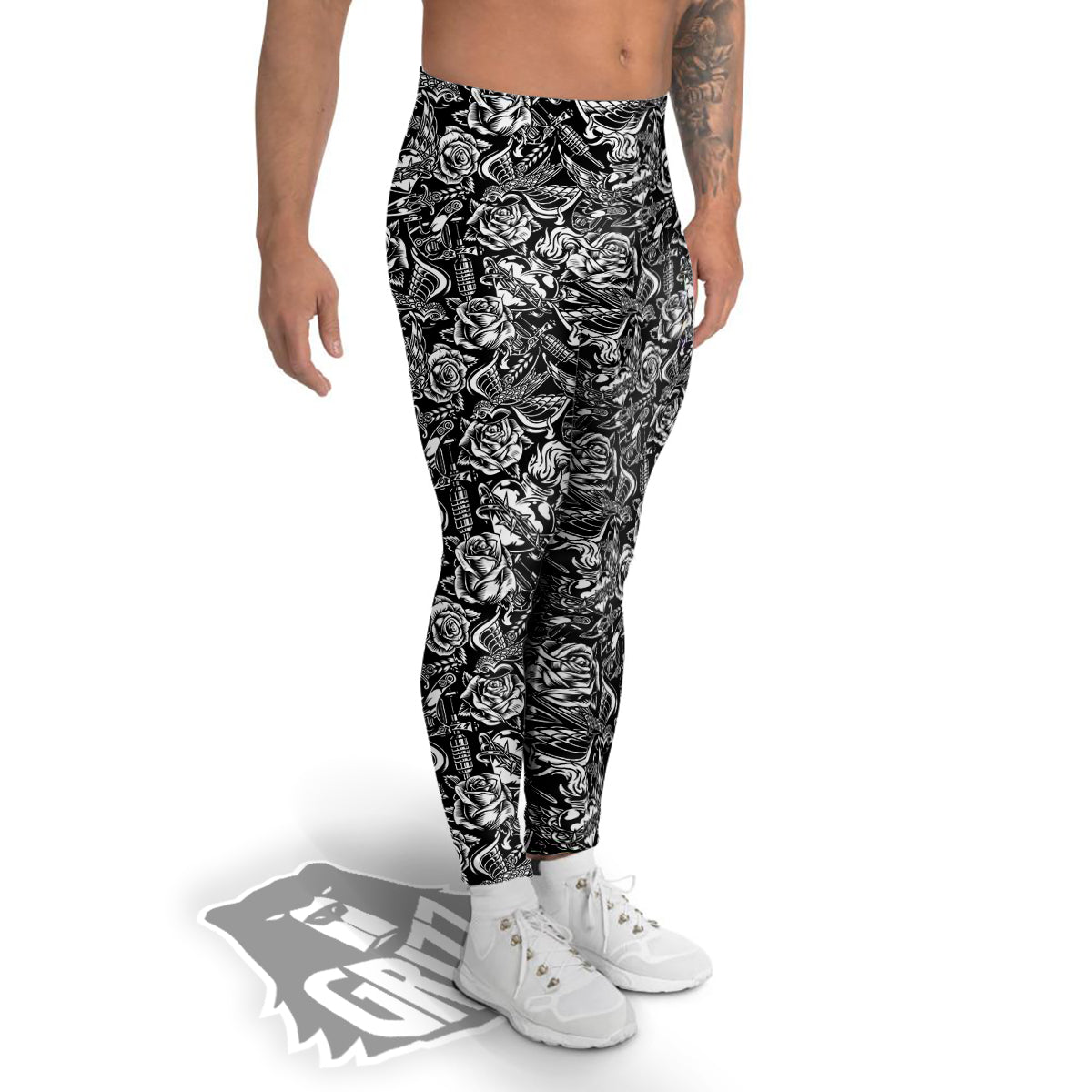 Black And White Oldschool Tattoo Print Pattern Men's Leggings-grizzshop
