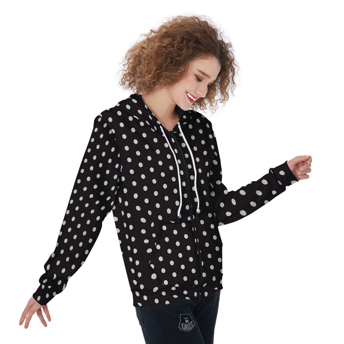 Black And White Polka Dot Women's Zip Up Hoodie-grizzshop