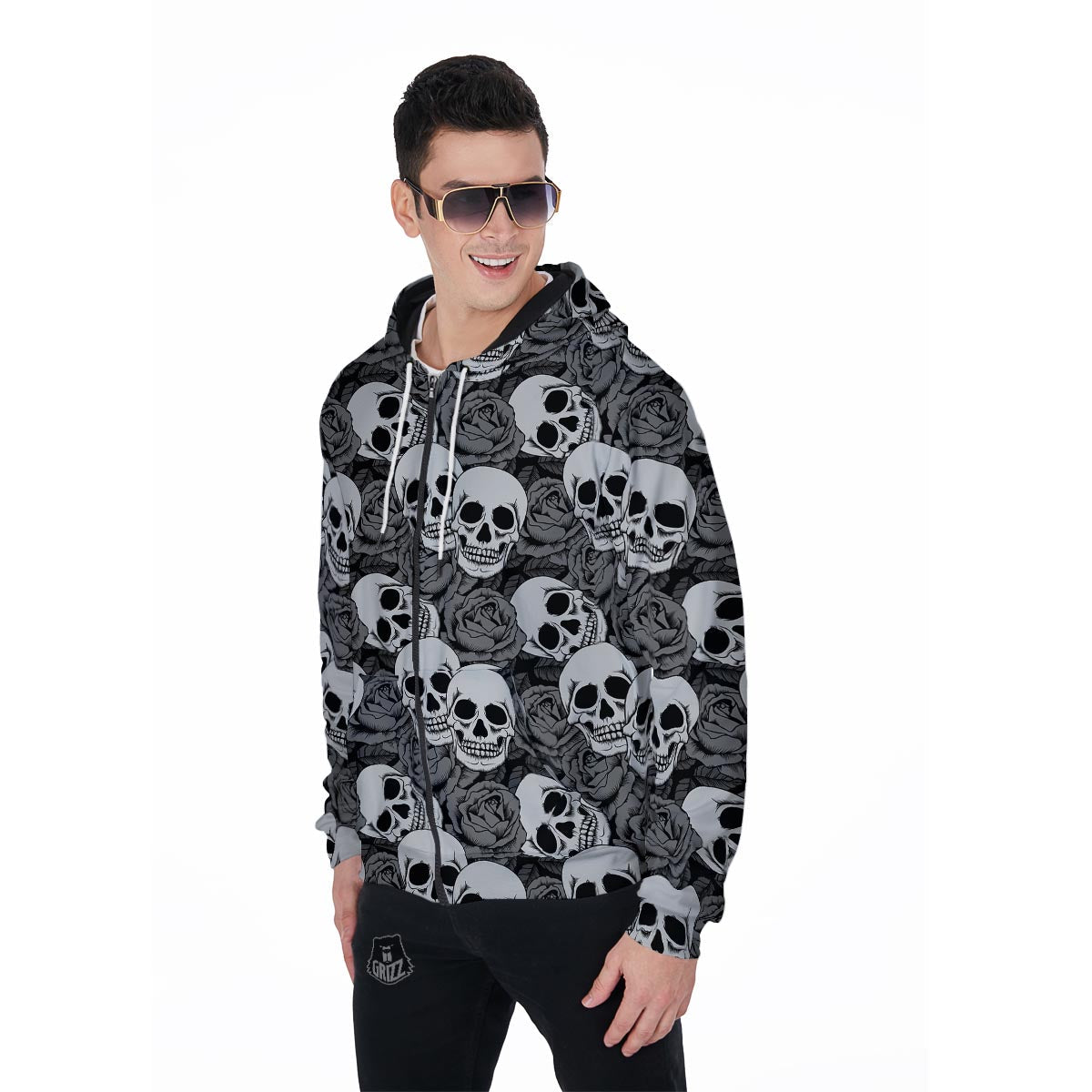 Black And White Rose Floral Skull Men's Zip Up Hoodie-grizzshop
