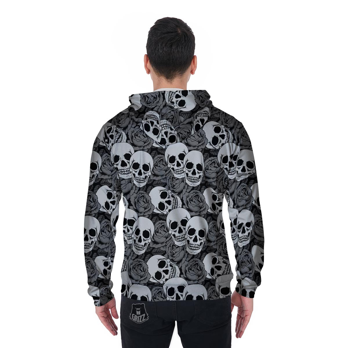 Black And White Rose Floral Skull Men's Zip Up Hoodie-grizzshop