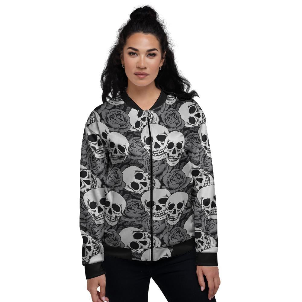 Black And White Rose Floral Skull Women's Bomber Jacket-grizzshop