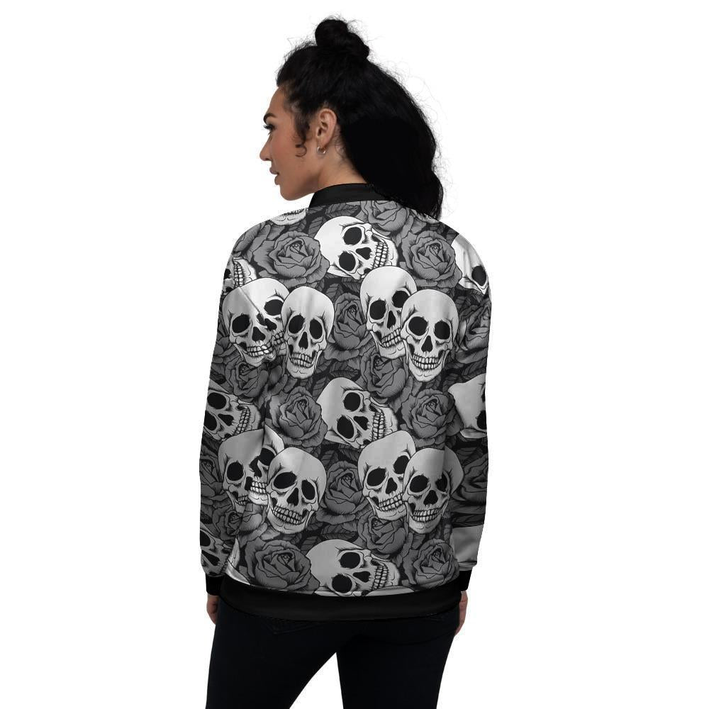 Black And White Rose Floral Skull Women's Bomber Jacket-grizzshop