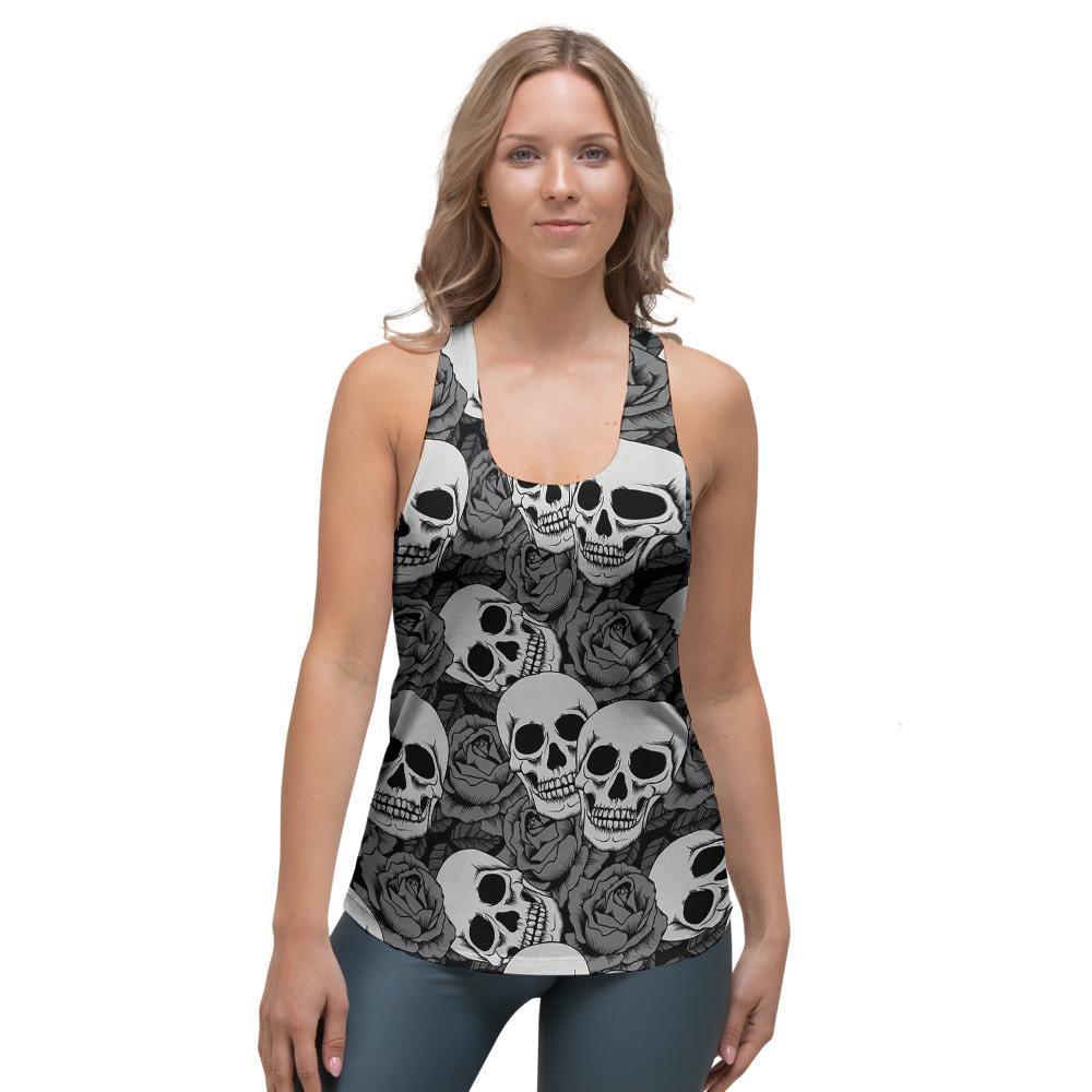 Black And White Rose Floral Skull Women's Racerback Tank Top-grizzshop