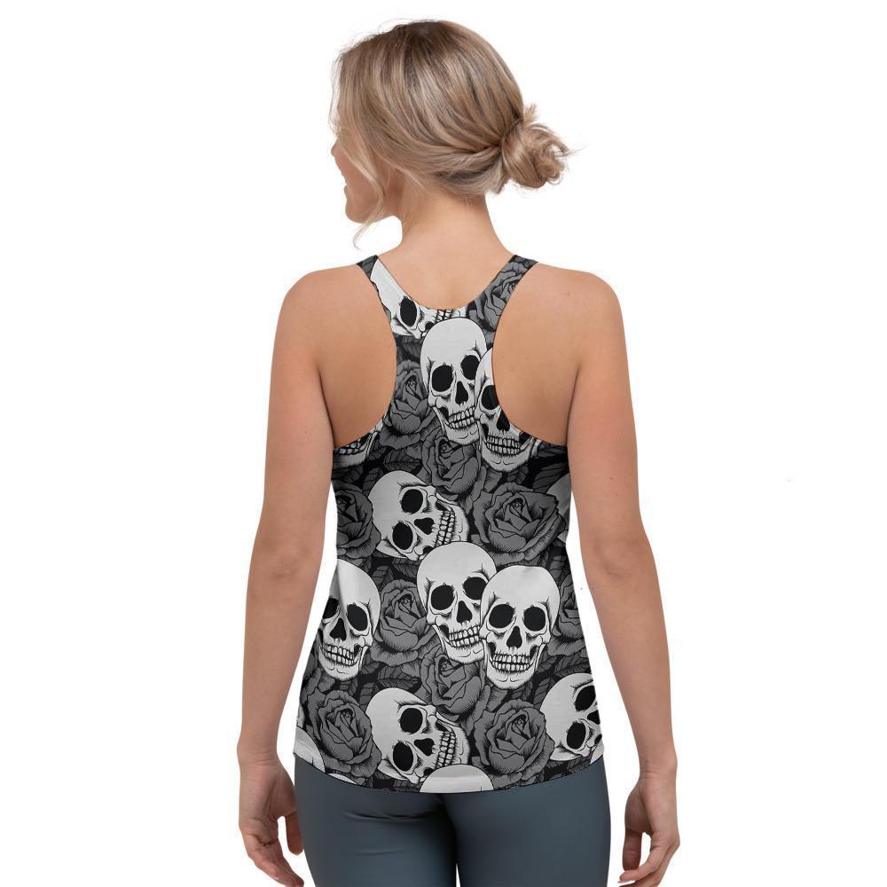 Black And White Rose Floral Skull Women's Racerback Tank Top-grizzshop