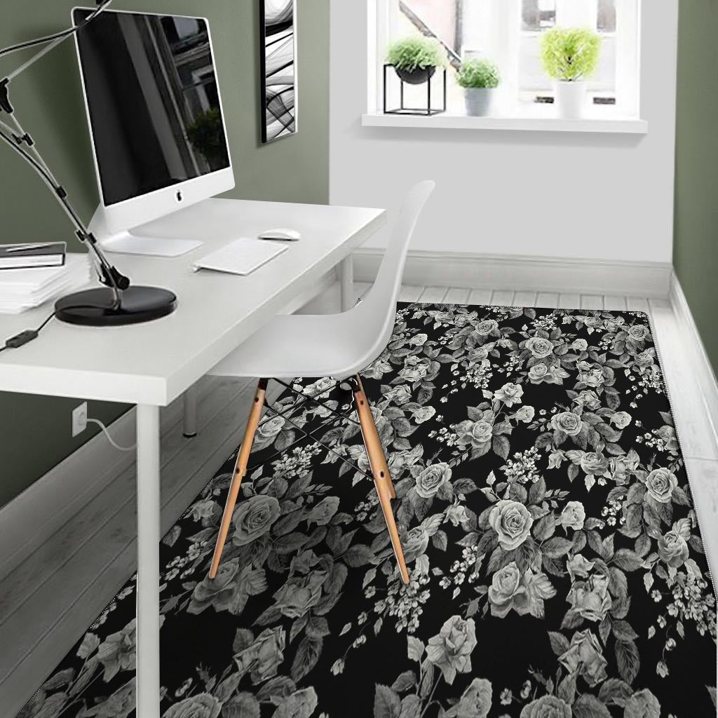 Black And White Rose Flower Floor Mat-grizzshop