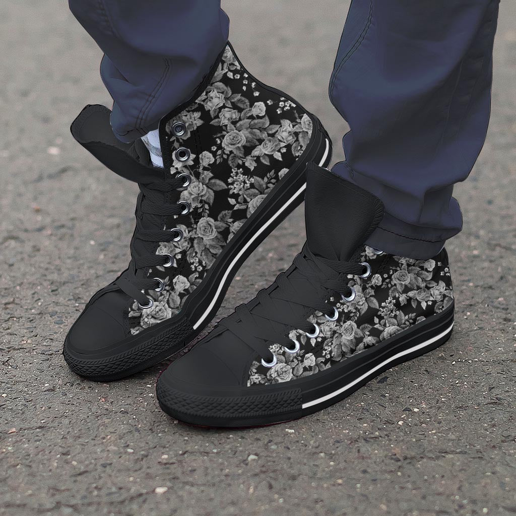 Black And White Rose Flower Men's High Top Shoes-grizzshop
