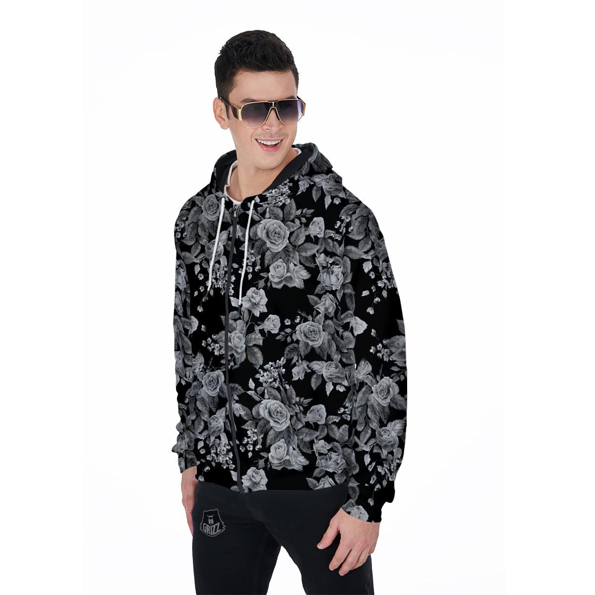 Black And White Rose Flower Men's Zip Up Hoodie-grizzshop