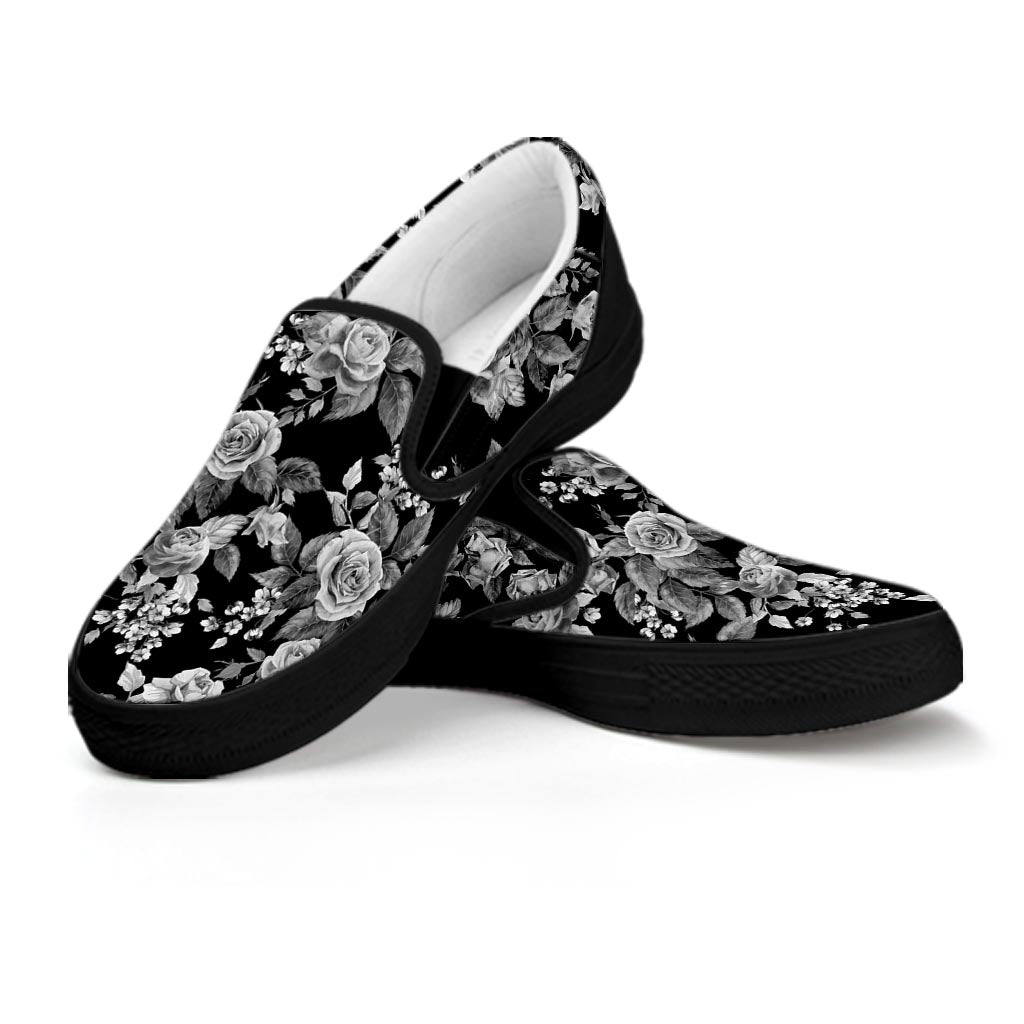 Red Doodle Rose Floral Men's Slip On Sneakers