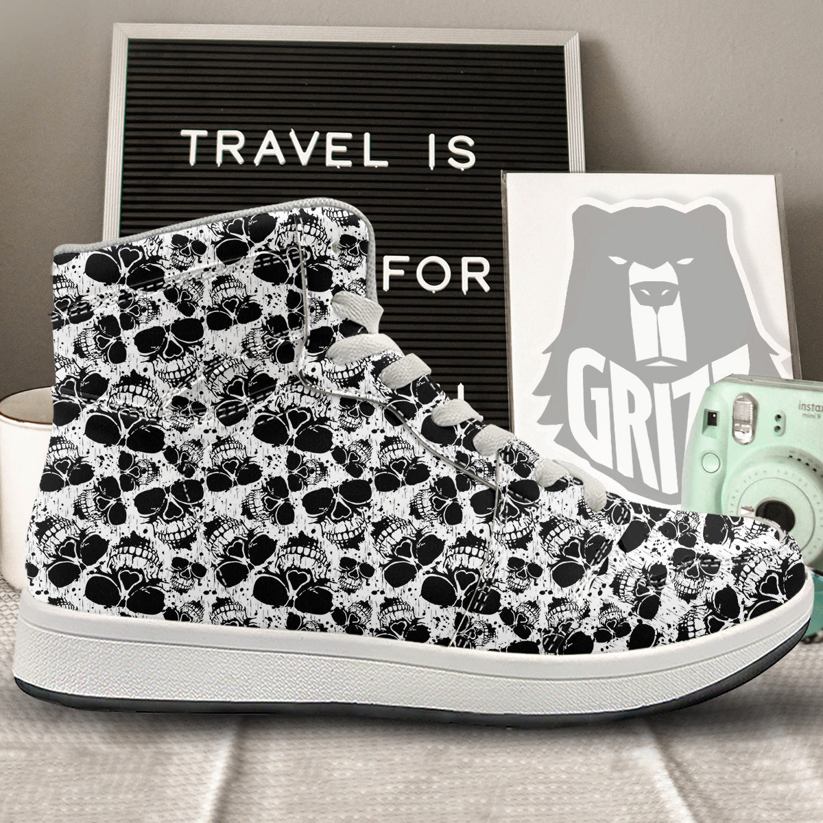 Black And White Skull Grunge Print Pattern High Top Sneakers-grizzshop