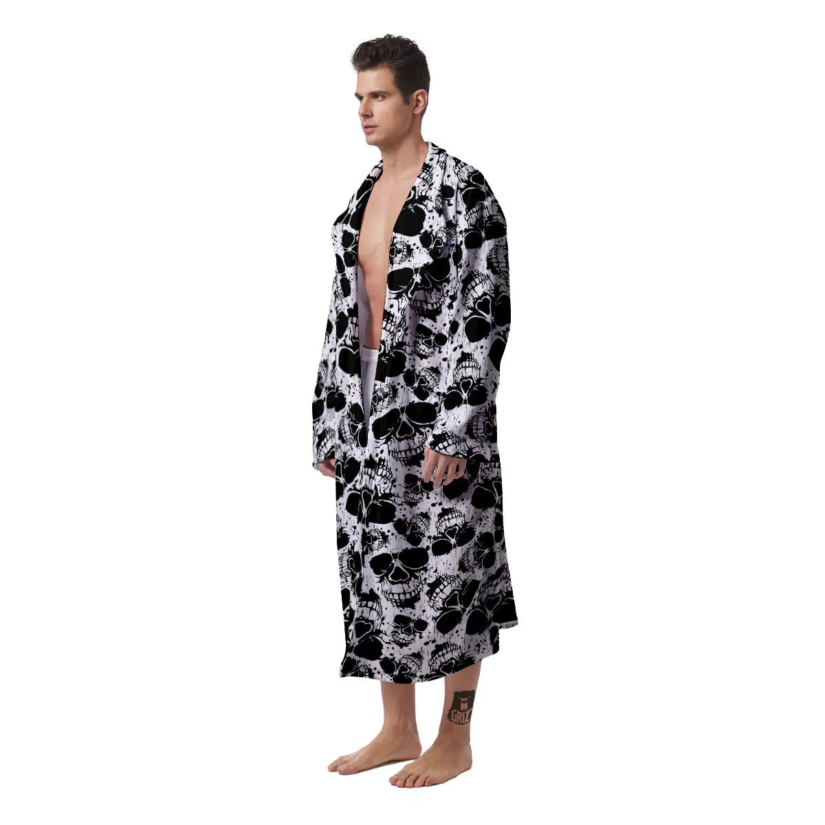 Black And White Skull Grunge Print Pattern Men's Robe-grizzshop