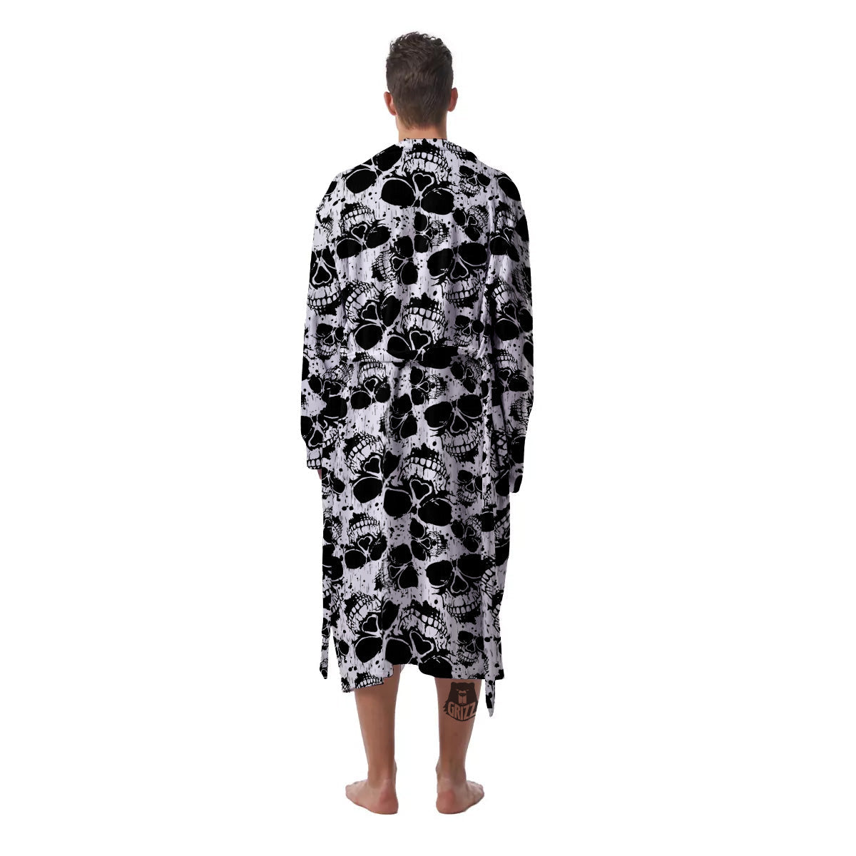 Black And White Skull Grunge Print Pattern Men's Robe-grizzshop