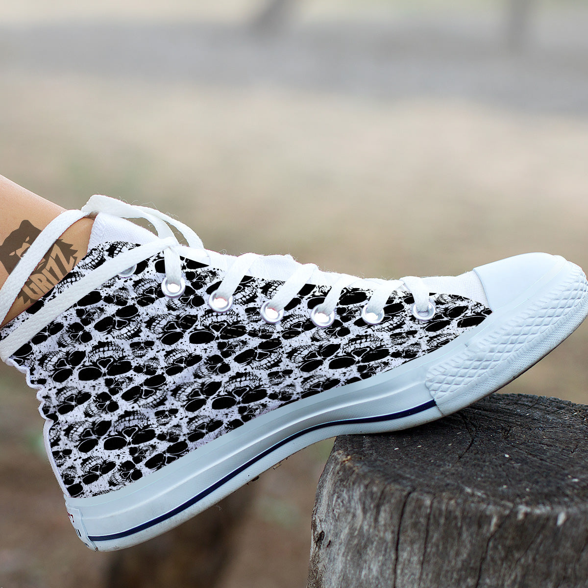 Black And White Skull Grunge Print Pattern White High Top Shoes-grizzshop
