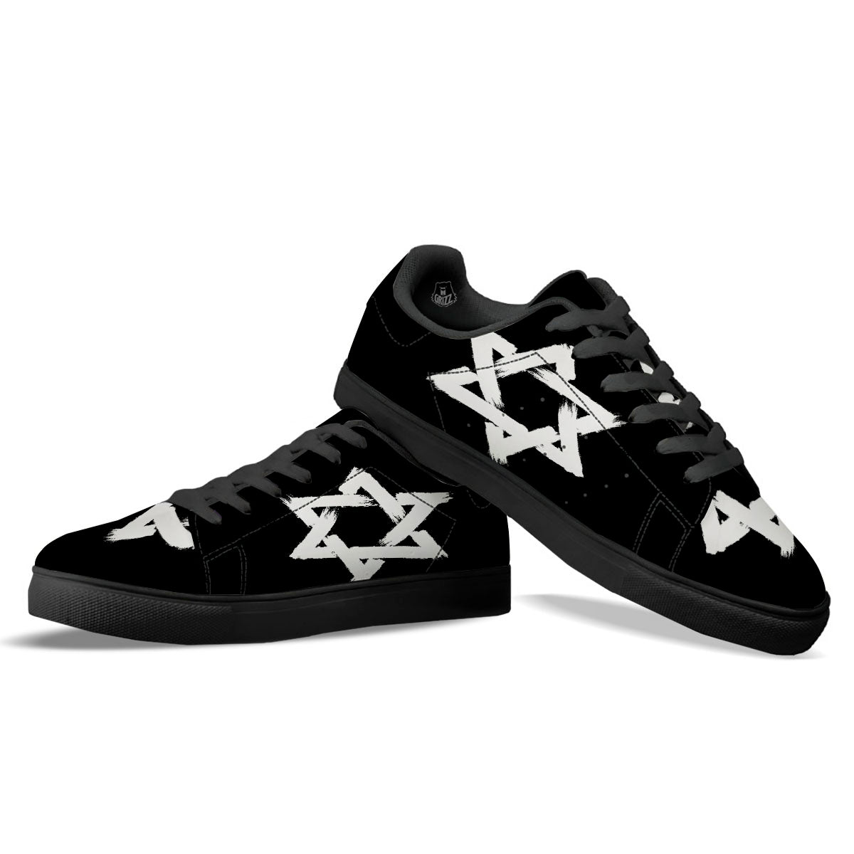 Black And White Star of David Print Black Low Top Sneakers-grizzshop