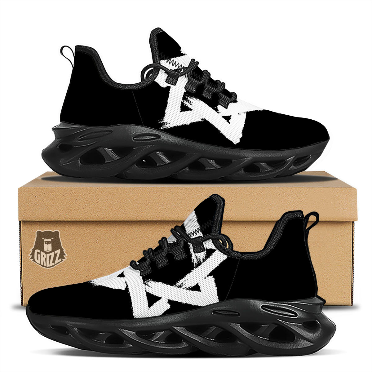 Black And White Star of David Print Black Running Shoes-grizzshop