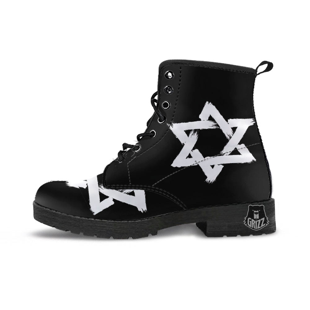 Black And White Star of David Print Leather Boots-grizzshop