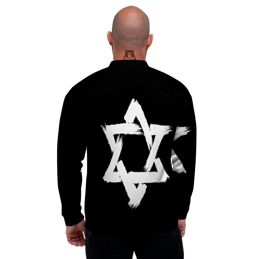 Black And White Star of David Print Men's Bomber Jacket-grizzshop