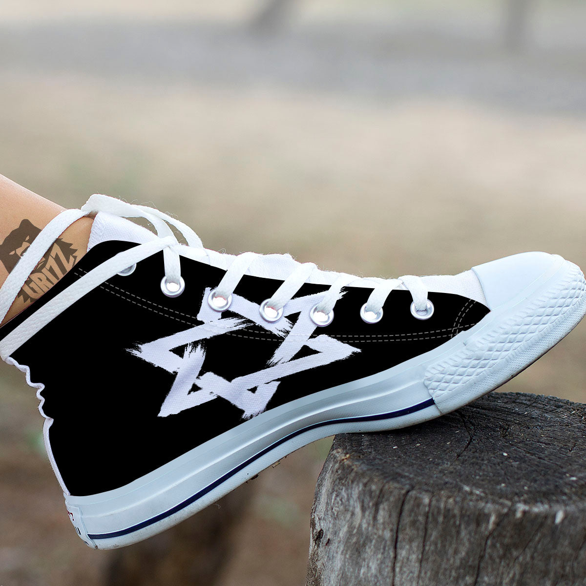 Black And White Star of David Print White High Top Shoes-grizzshop