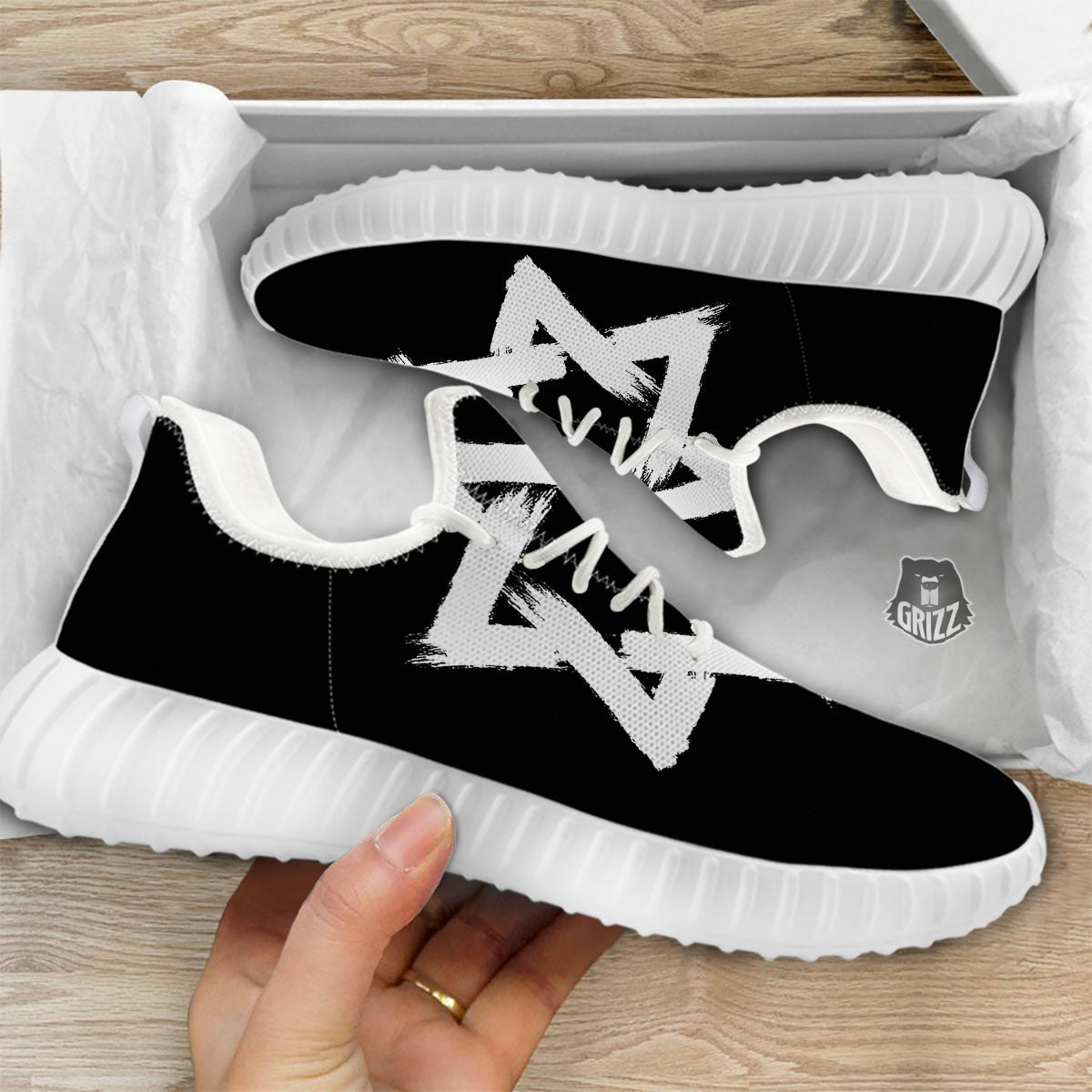 Black And White Star of David Print White Walking Shoes-grizzshop