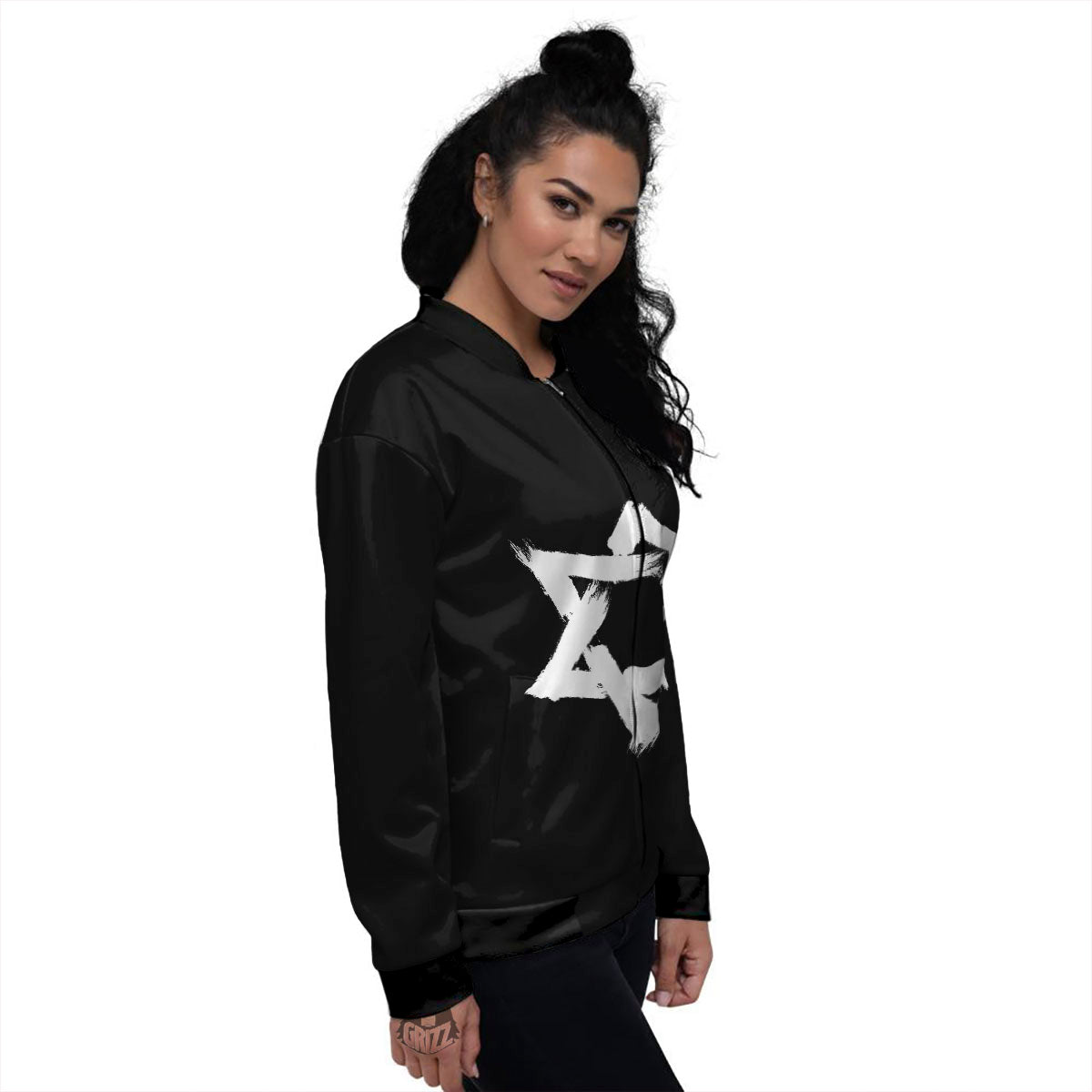 Black And White Star of David Print Women's Bomber Jacket-grizzshop