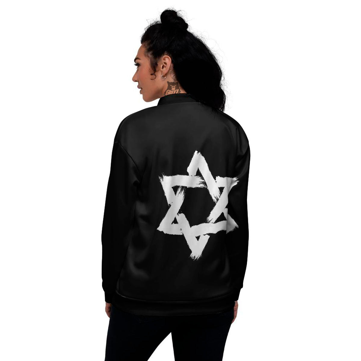 Black And White Star of David Print Women's Bomber Jacket-grizzshop