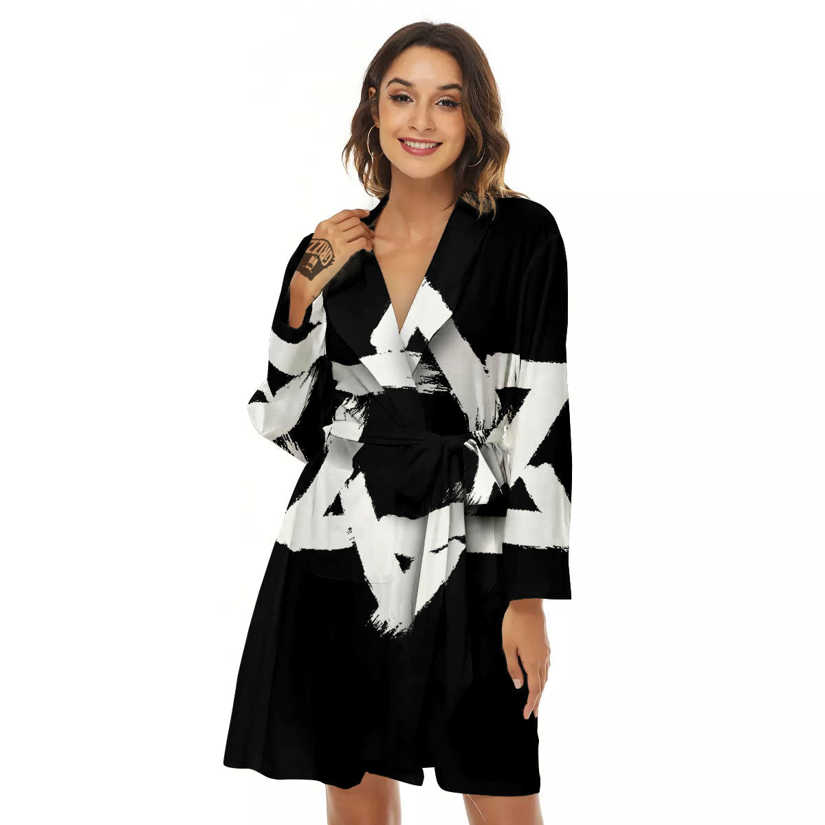 Black And White Star of David Print Women's Robe-grizzshop