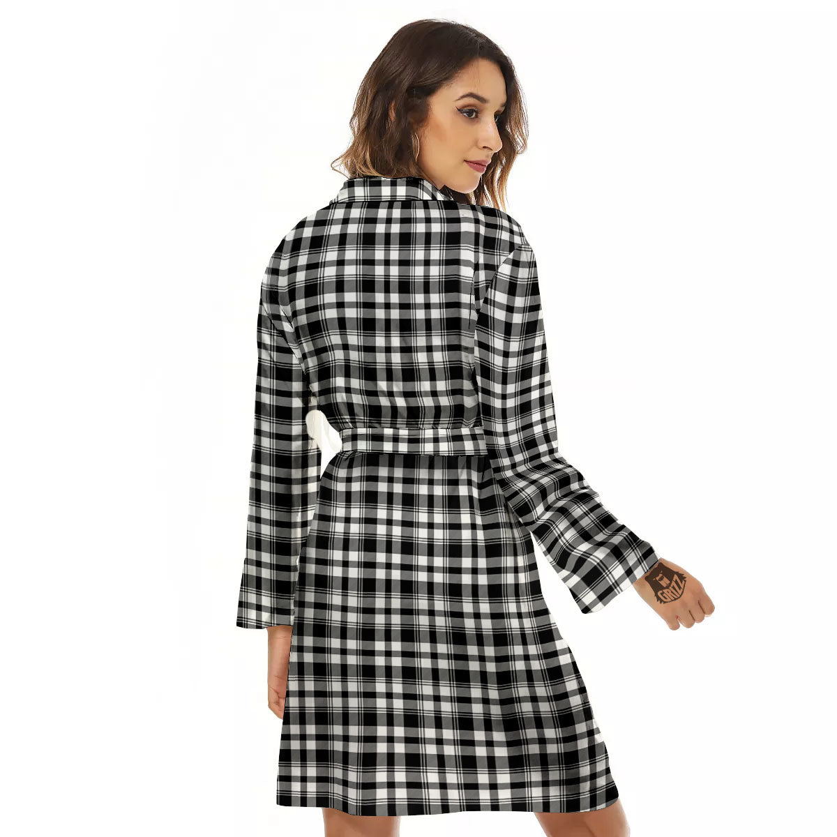 Black And White Tartan Print Pattern Women's Robe-grizzshop