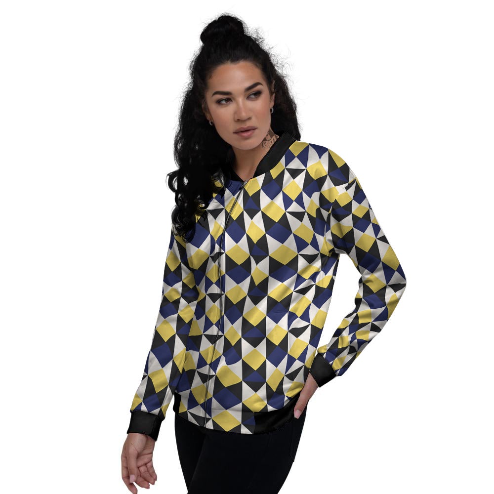 Black Argyle And Blue Yellow Print Pattern Women's Bomber Jacket-grizzshop