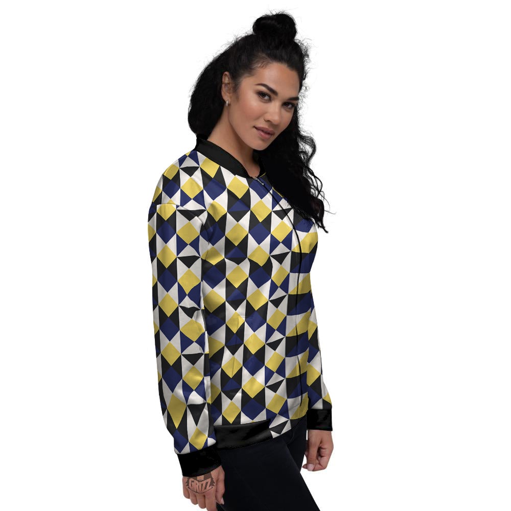 Black Argyle And Blue Yellow Print Pattern Women's Bomber Jacket-grizzshop