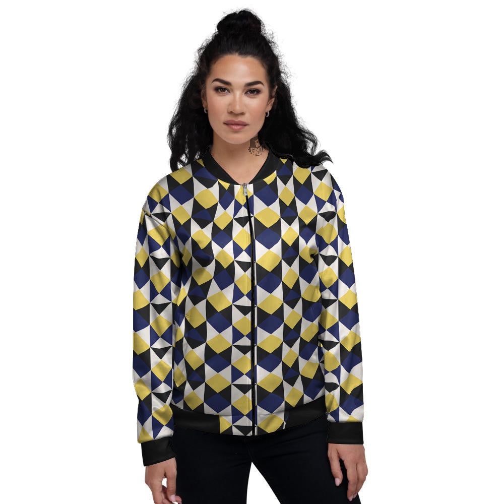 Black Argyle And Blue Yellow Print Pattern Women's Bomber Jacket-grizzshop