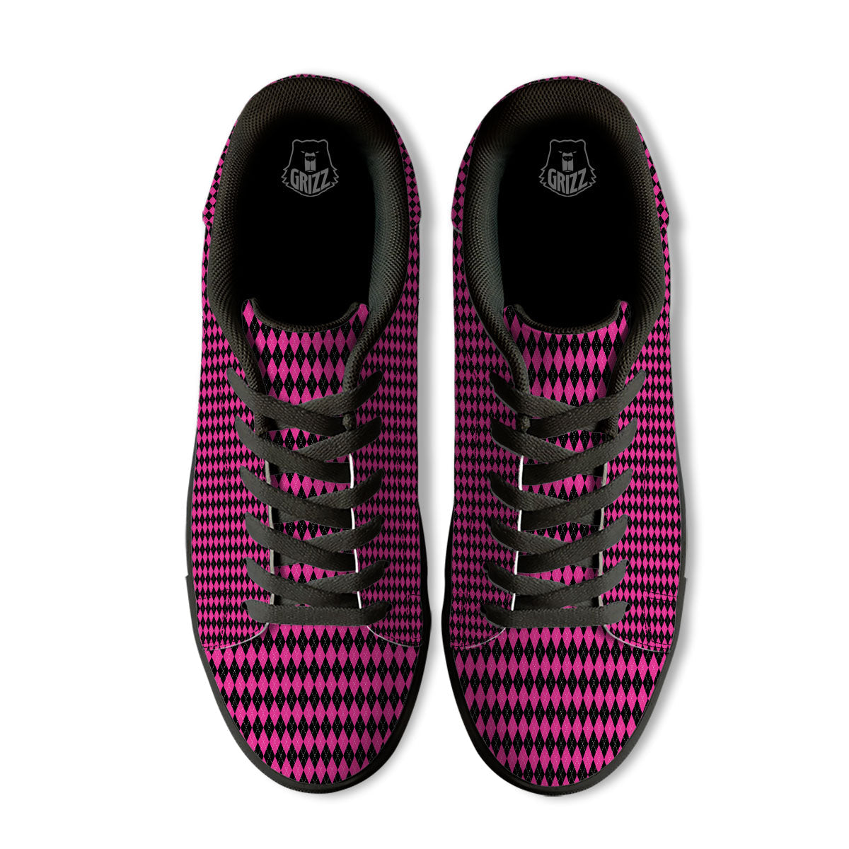 Black Argyle And Deep Pink Print Pattern Black Low Top Sneakers-grizzshop